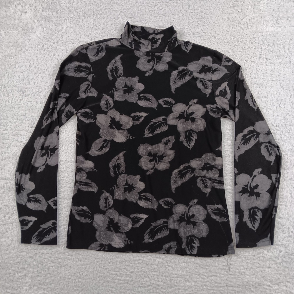 Caribbean Joe Mock Neck Top Womens S Black Gray Floral Hibiscus RN104521